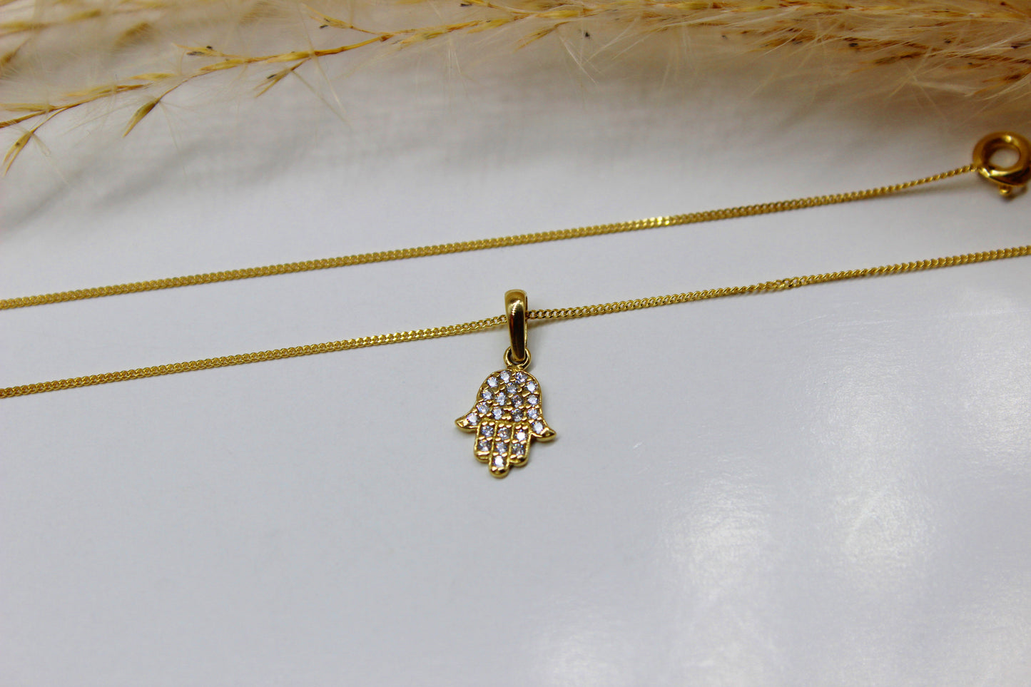 14k Hand der Fatima Gold-Anhänger aus 585 Gelbgold - Kette im Panzer-Stil