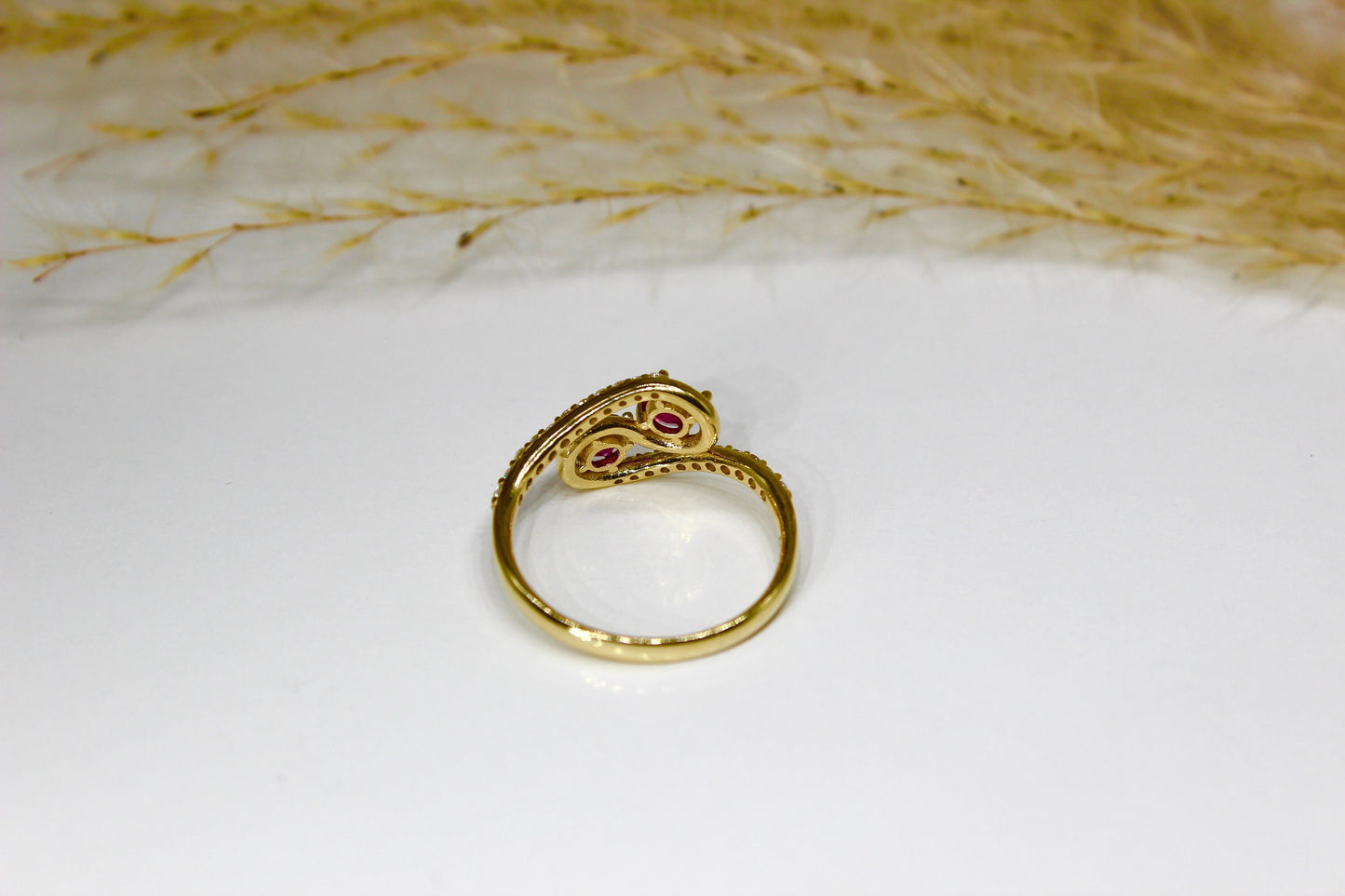 Vintage Two-Stone Synthetic Ruby Ring adorned with Cubic Zirconia Stones