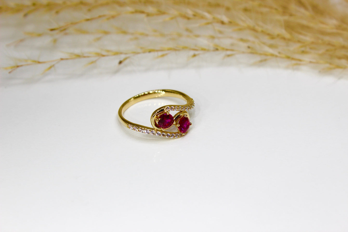 Vintage Two-Stone Synthetic Ruby Ring adorned with Cubic Zirconia Stones