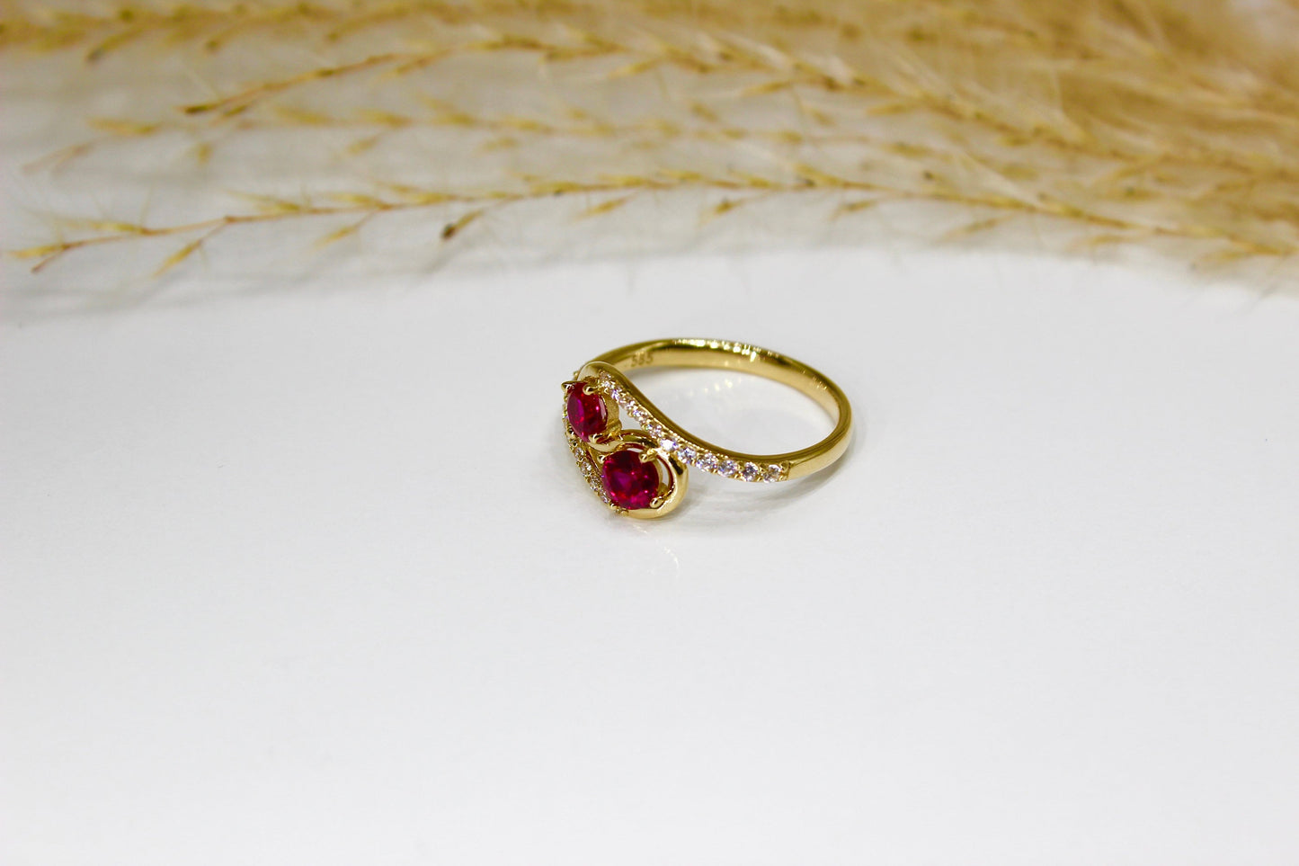 Vintage Two-Stone Synthetic Ruby Ring adorned with Cubic Zirconia Stones