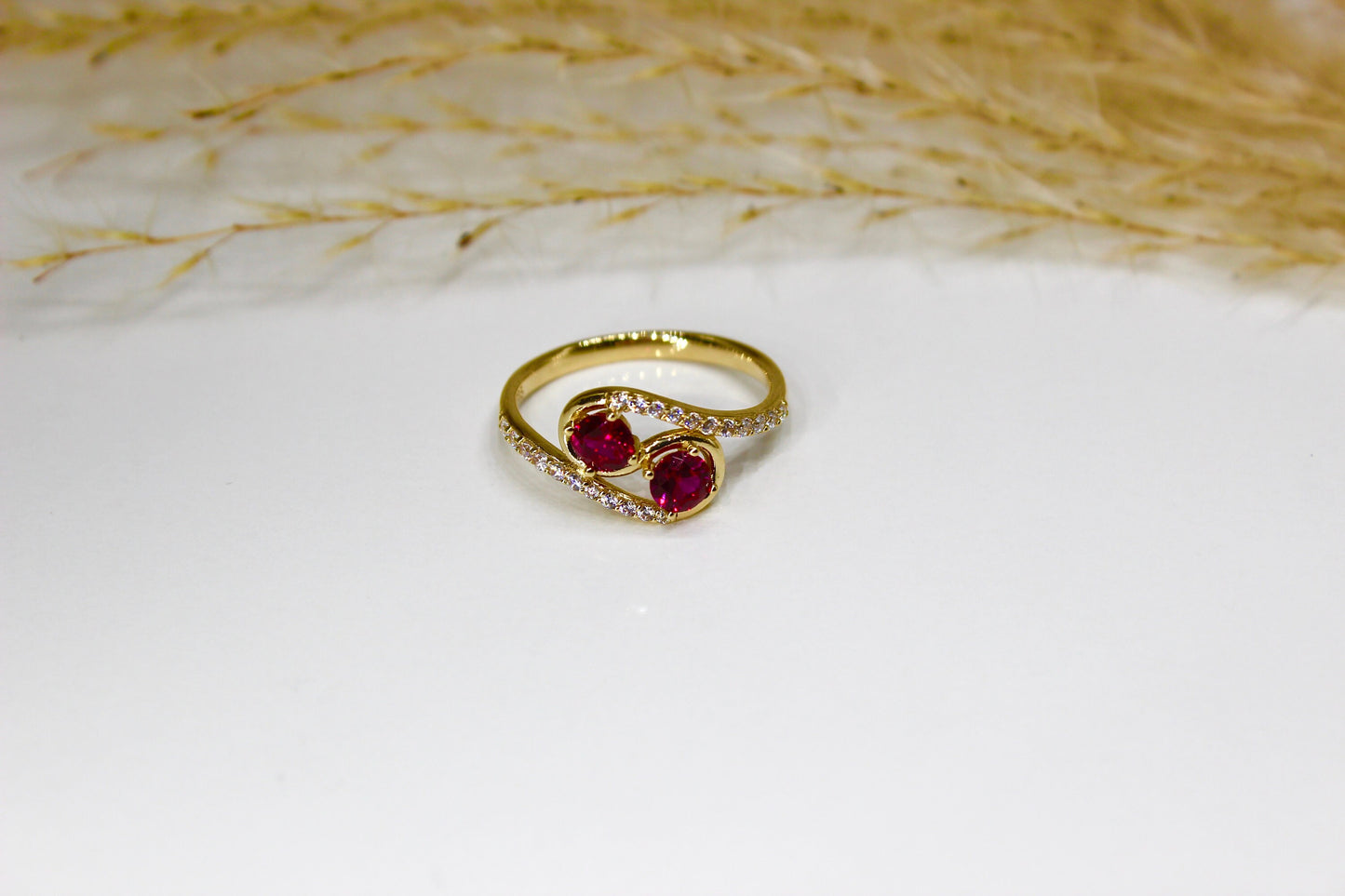 Vintage Two-Stone Synthetic Ruby Ring adorned with Cubic Zirconia Stones