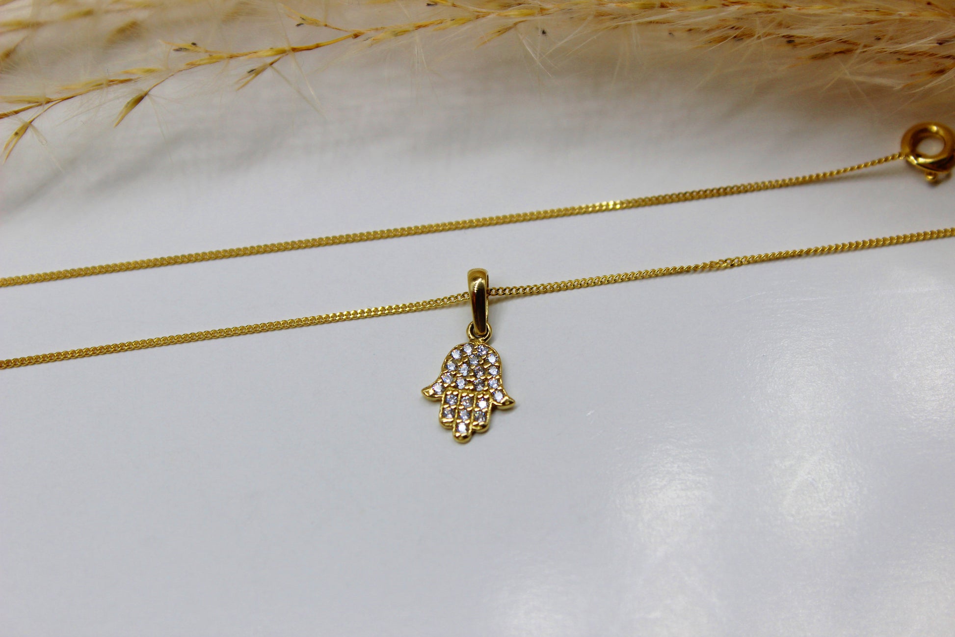 14k Hand der Fatima Gold-Anhänger aus 585 Gelbgold - Kette im Panzer-Stil
