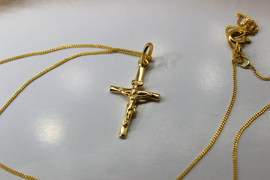 Kreuz Anhänger mit Jesus in 585 Gelbgold - Kette im Panzer-Stil