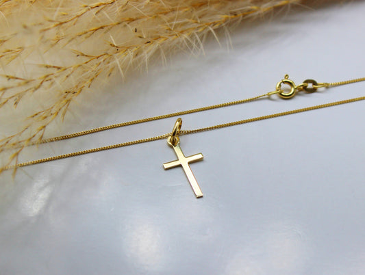Schlichter 14K Kreuz Anhänger in 585 Gelbgold - Kette im Panzer-Stil