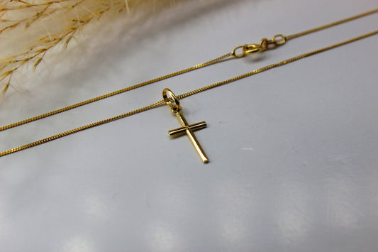 Schlichter 14K Kreuz Anhänger in 585 Gelbgold - Kette im Panzer-Stil