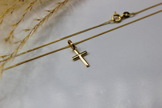 Schlichter 14K Kreuz Anhänger in 585 Gelbgold - Kette im Panzer-Stil
