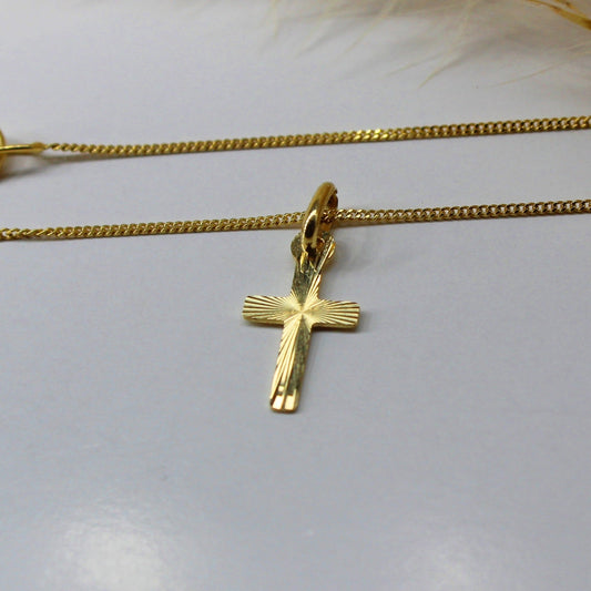 Doppelseitiger Kreuz Anhänger in 585 Gelbgold - Geschliffen und Glatt - Kette im Panzer-Stil