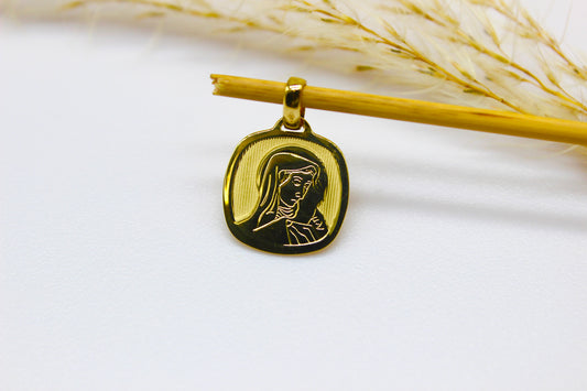 Rundplatten Anhänger mit Mutter Maria Abbildung aus 14K Gelbgold