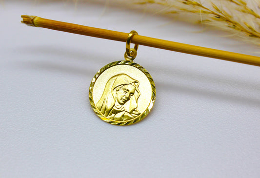Rundplatten Anhänger mit Mutter Maria Abbildung aus 14K Gelbgold