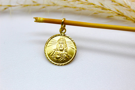 Doppelseitiger Rundplatten Anhänger mit Jesus Christus & Heiliger König Abbildung aus 14K Gelbgold mit Geschliffenem Rand
