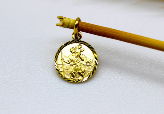 Rundplatten Anhänger des Heiligen Christoph Christophorus aus 14K Gelbgold
