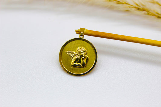 Rundplatten Anhänger mit Erzengel Rafael Abbildung aus 14K Gelbgold