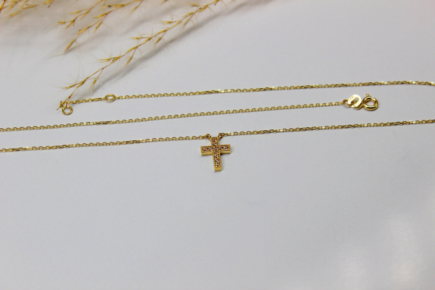 14K Gold Anker Kette mit Kreuz aus 585 Gelbgold verziert mit Zirkonia Steinen