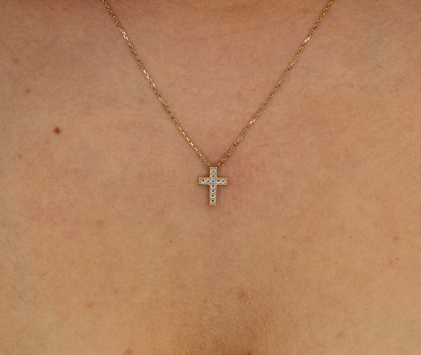 14K Gold Anker Kette mit Kreuz aus 585 Gelbgold verziert mit Zirkonia Steinen
