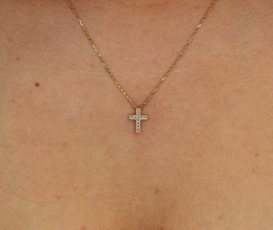 14K Gold Anker Kette mit Kreuz aus 585 Gelbgold verziert mit Zirkonia Steinen